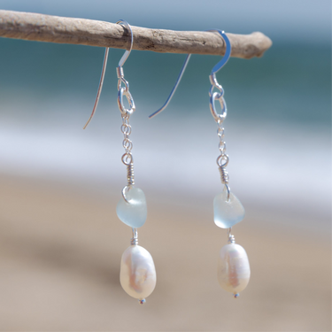 Aqua Blue Sea Glass + Baroque Pearl Dangle Earrings